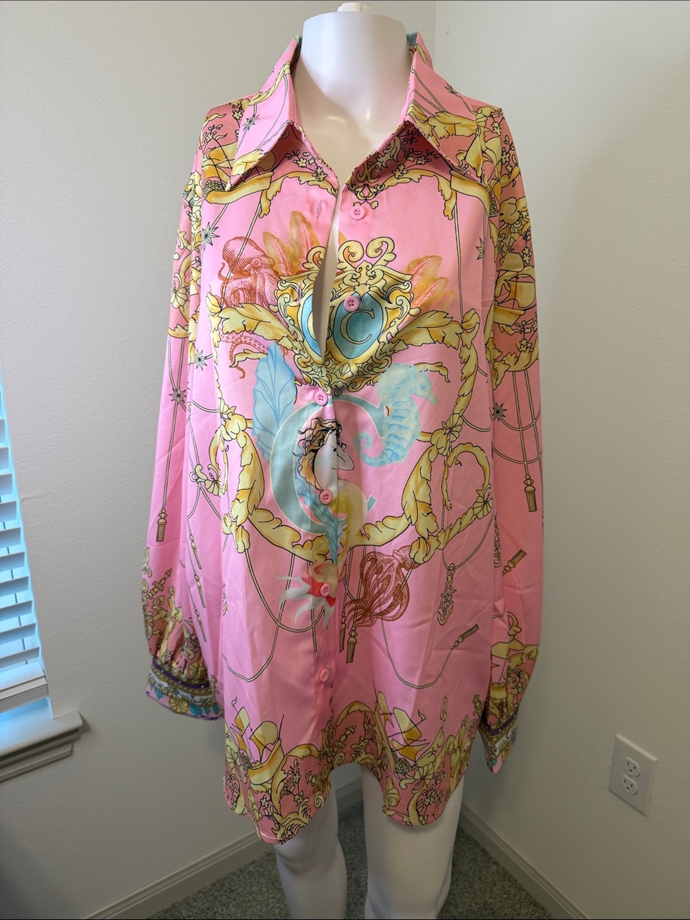 Pink Printed Silk-Style Button-Up Blouse